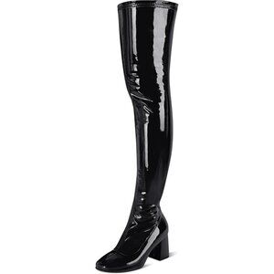 Women Black Patent Leather PU Chunky Heel Over The Knee Square Toe Long Boot